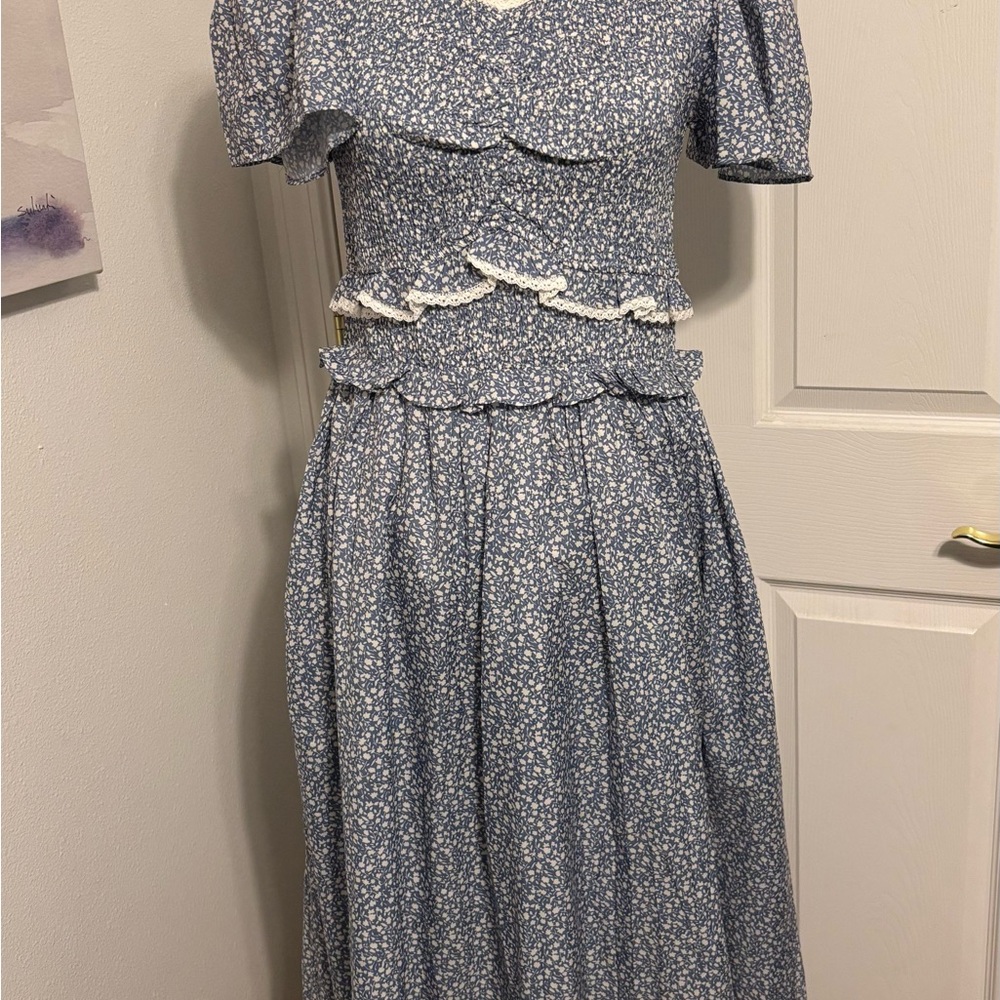 Floral Blue Dress with White Accents